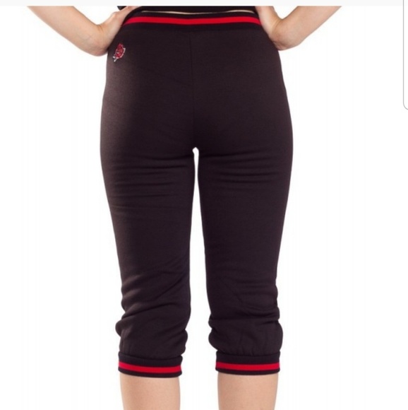 Sourpuss Embroidered Red Rose Fleece Capris Pants - Picture 3 of 5